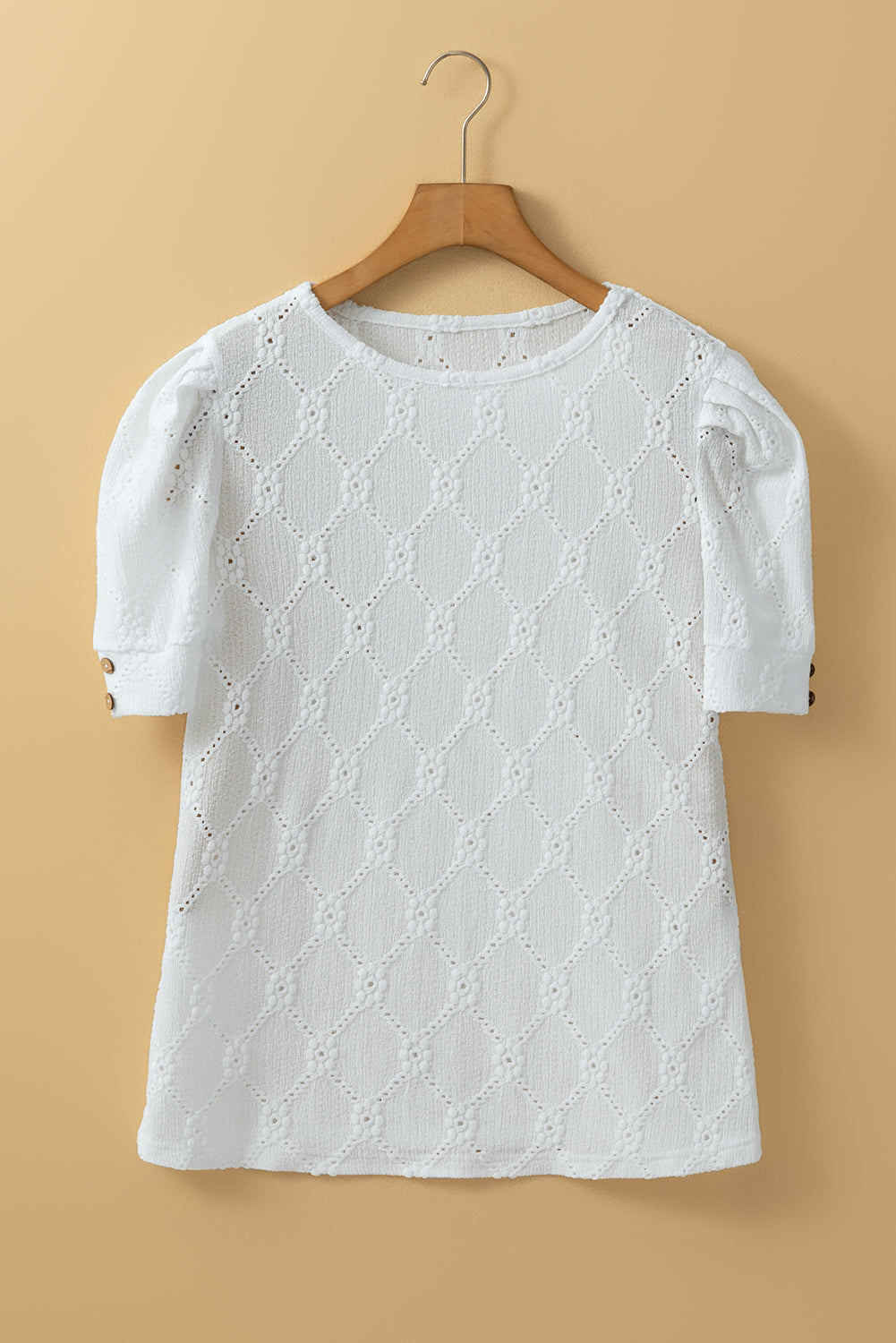 White Embroidered Floral Geometric Button Short Sleeve Top