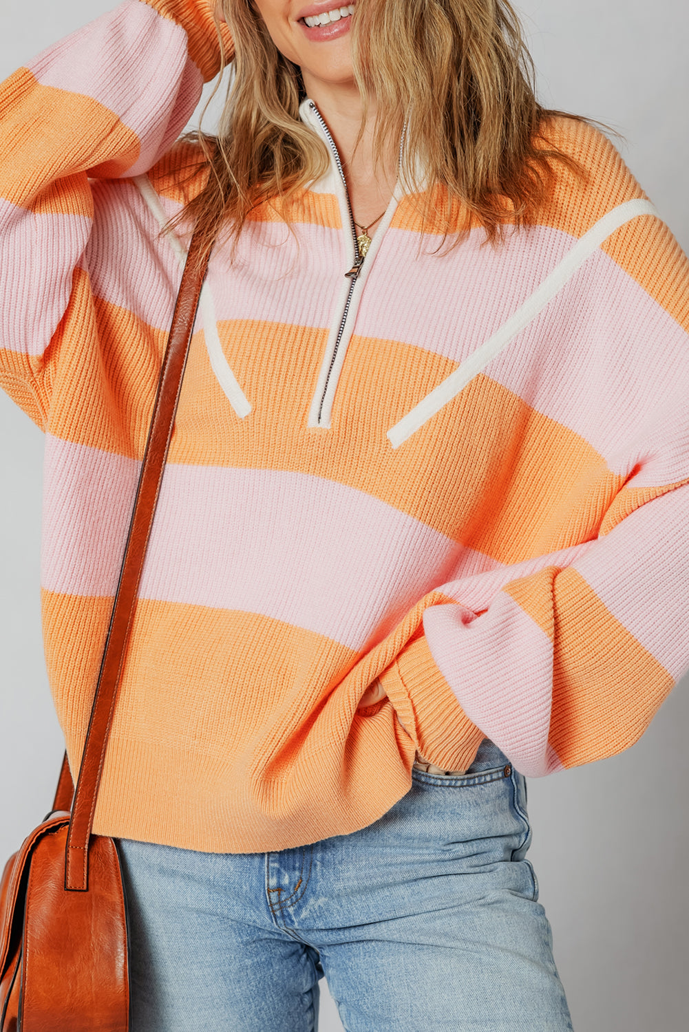 Orange Stripe Half Zip Collar Loose Sweater