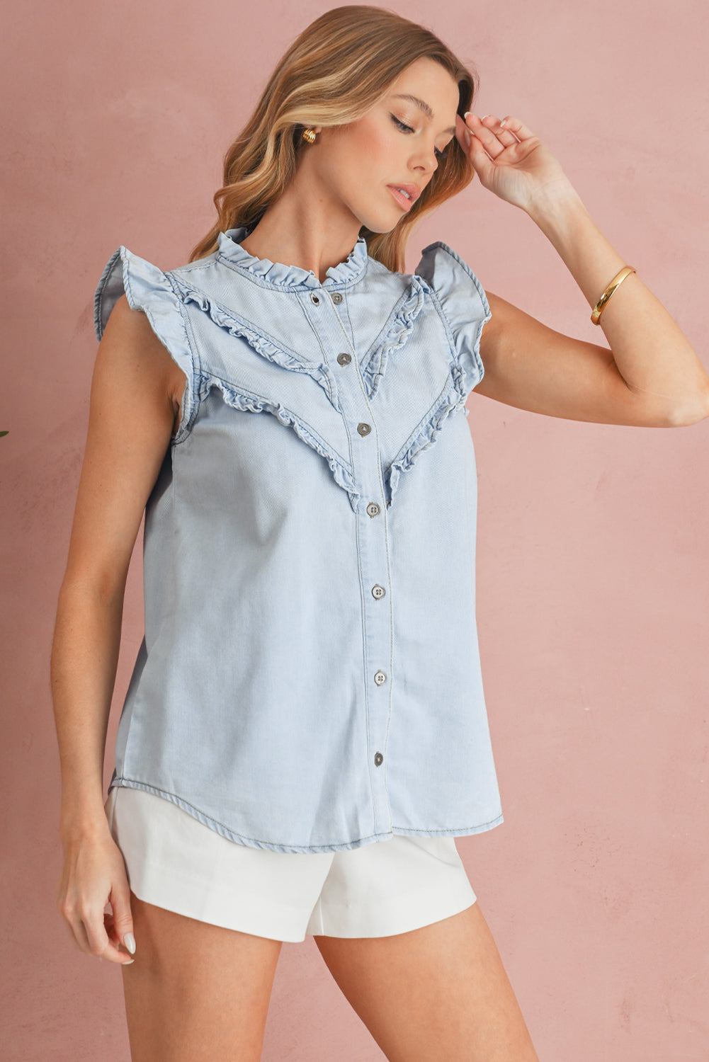 Beau Blue Mineral Wash Sleeveless Frill Button-Up Denim Shirt