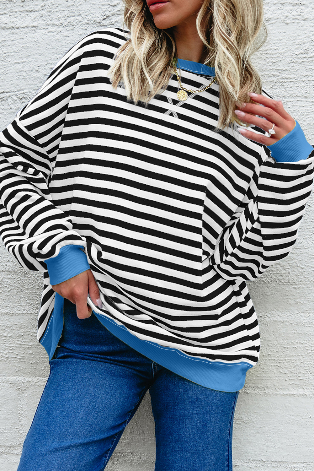 White Striped Contrast Trim Drop Shoulder Sweatshirt