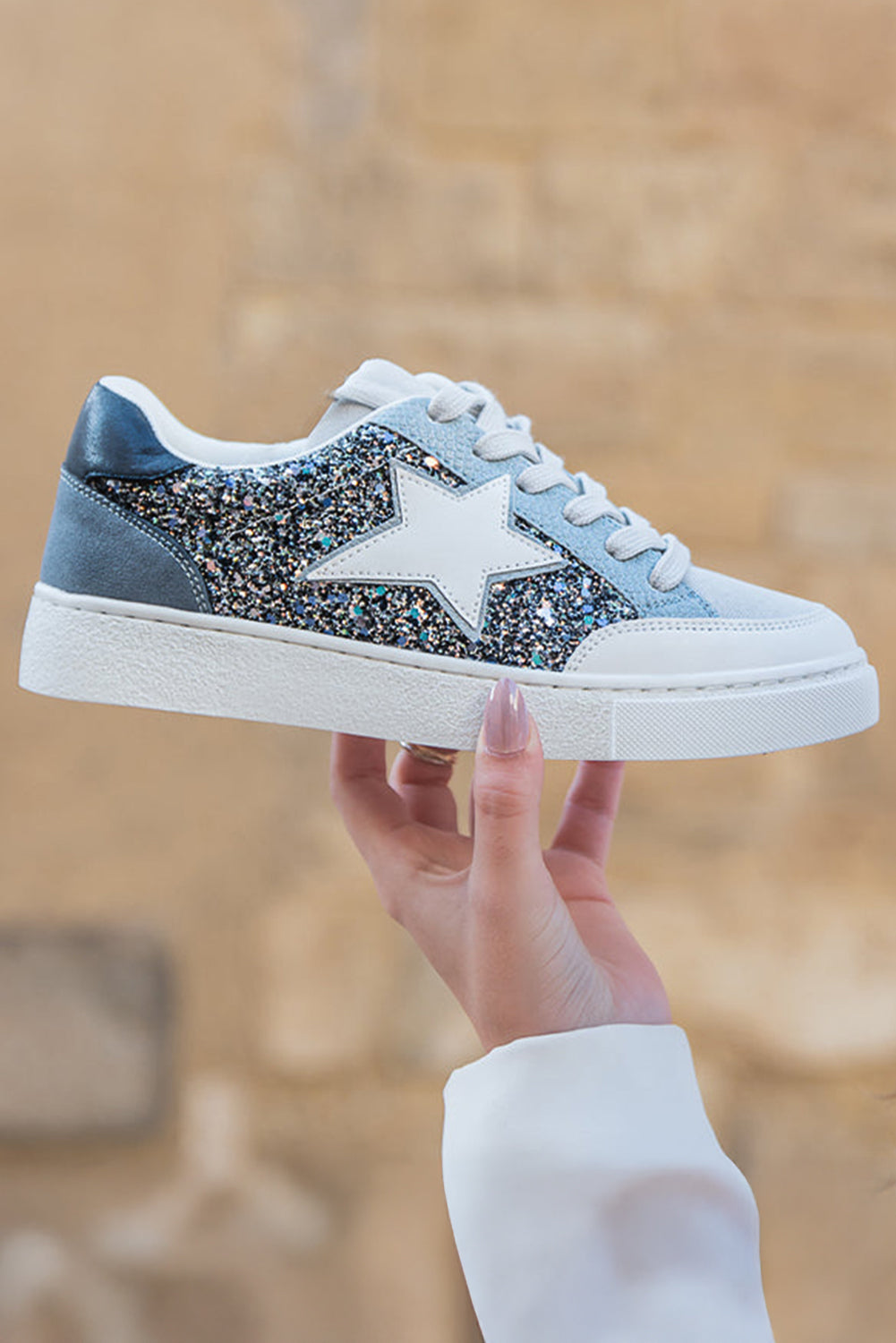Silver Sequin Star Patch Lace Up Shoes