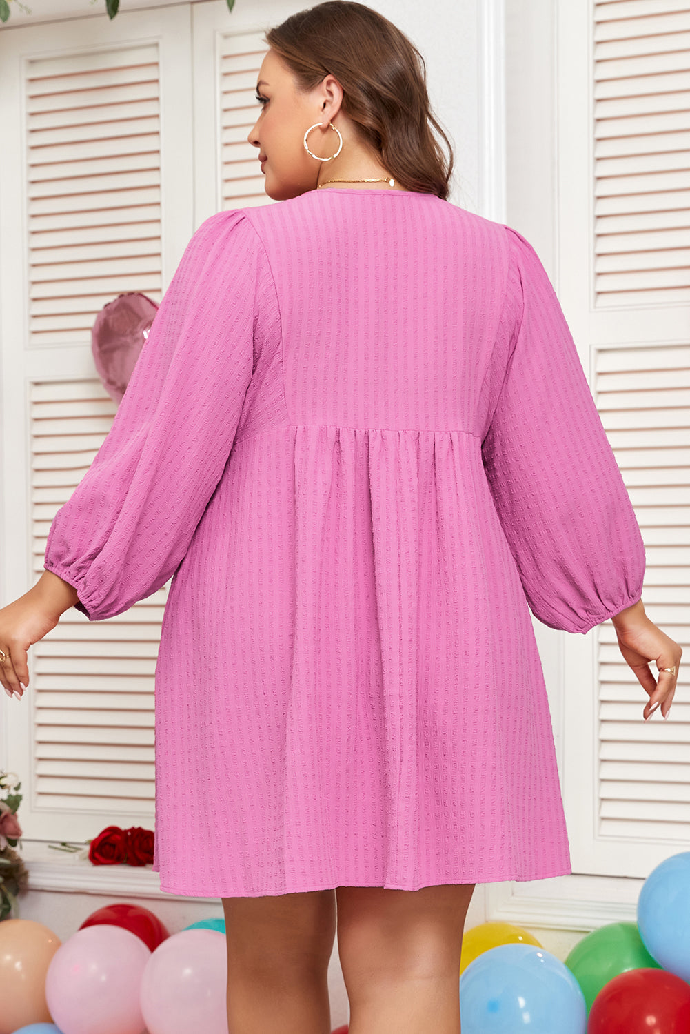 Sachet Pink Plus Size Textured Tie Split Neck Puff Sleeve Flowy Mini Dress