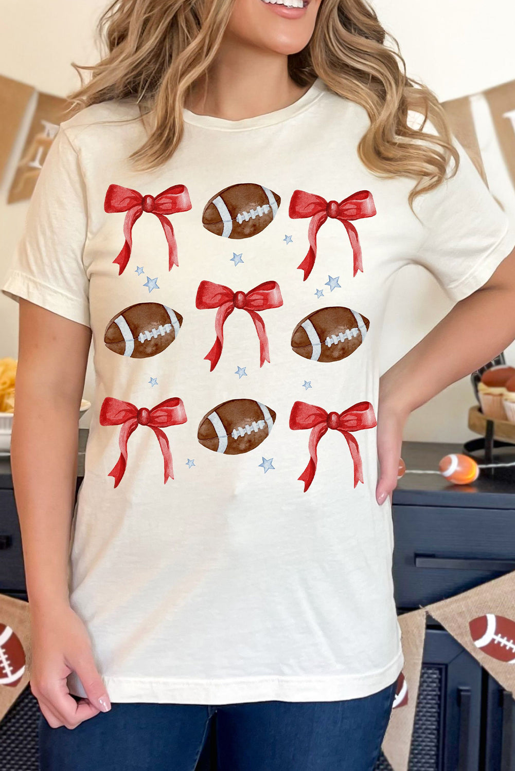 White Football and Bow Graphic Crewneck Tee