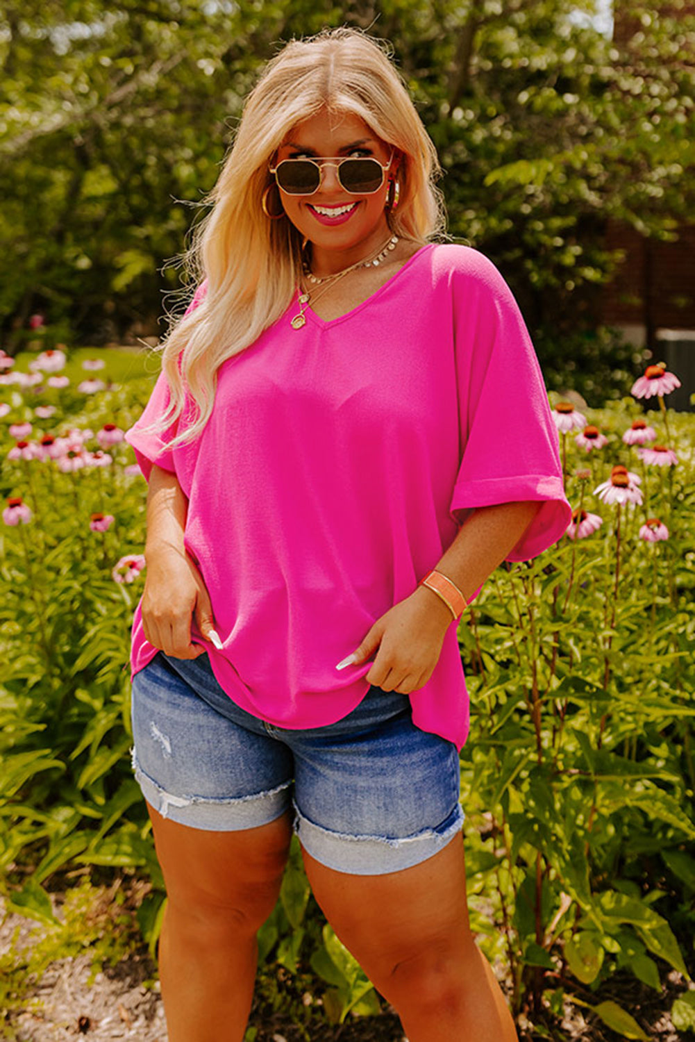 Bright Pink Seamed Back High Low Hem V Neck Plus Size Tee