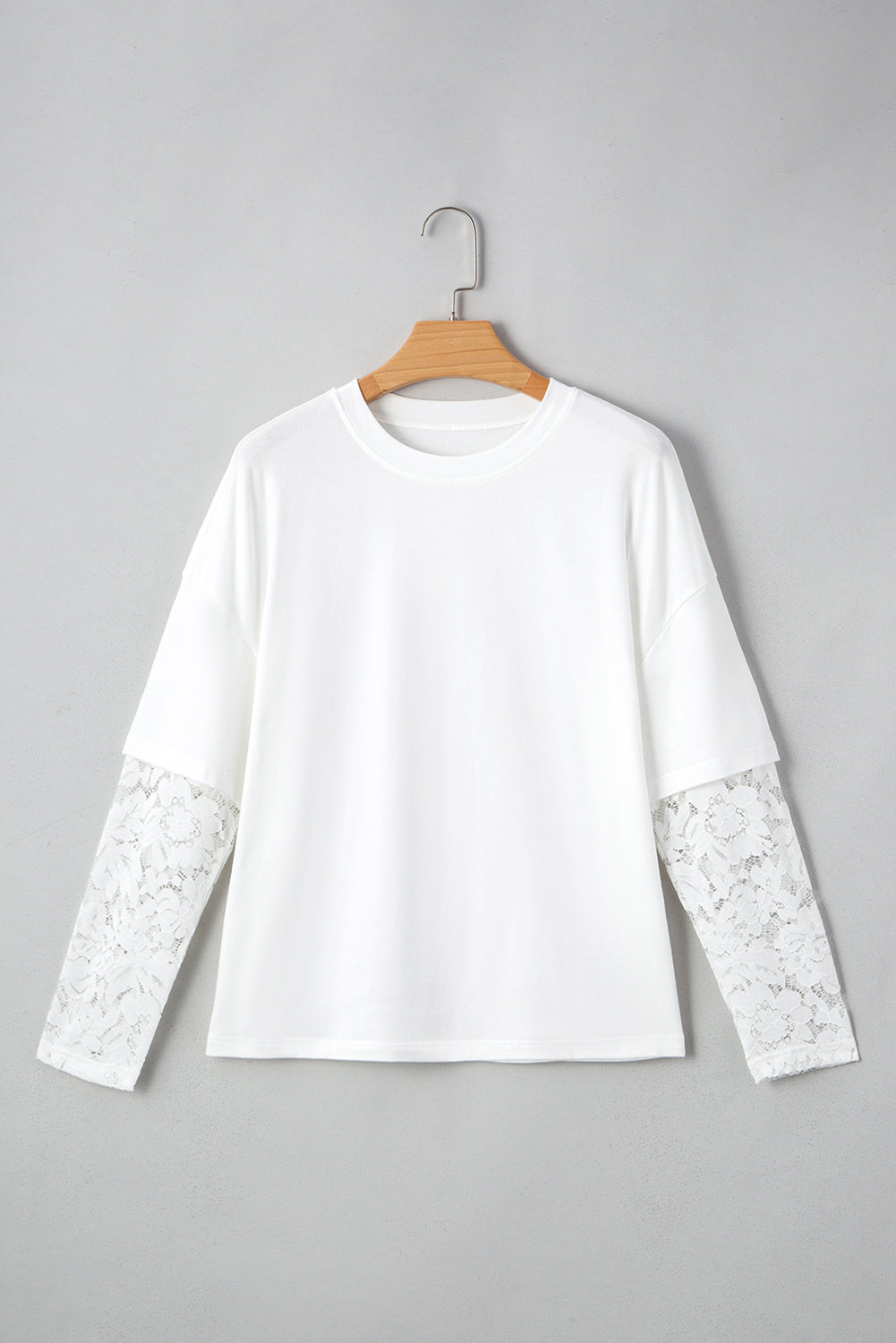 White Fake Two-Piece Lace Long Sleeve Drop Shoulder Tee