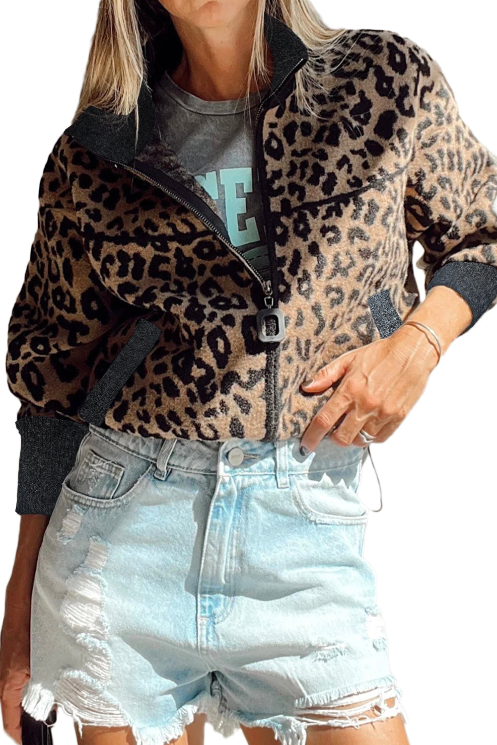 Khaki Leopard Print Zip Up Stand Neck Side Pocket Jacket