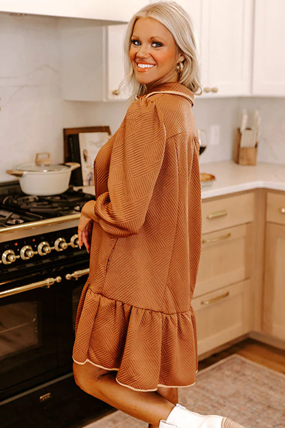 Desert Gold  Quarter Zip Collar Bracelet Sleeve Textured Mini Dress