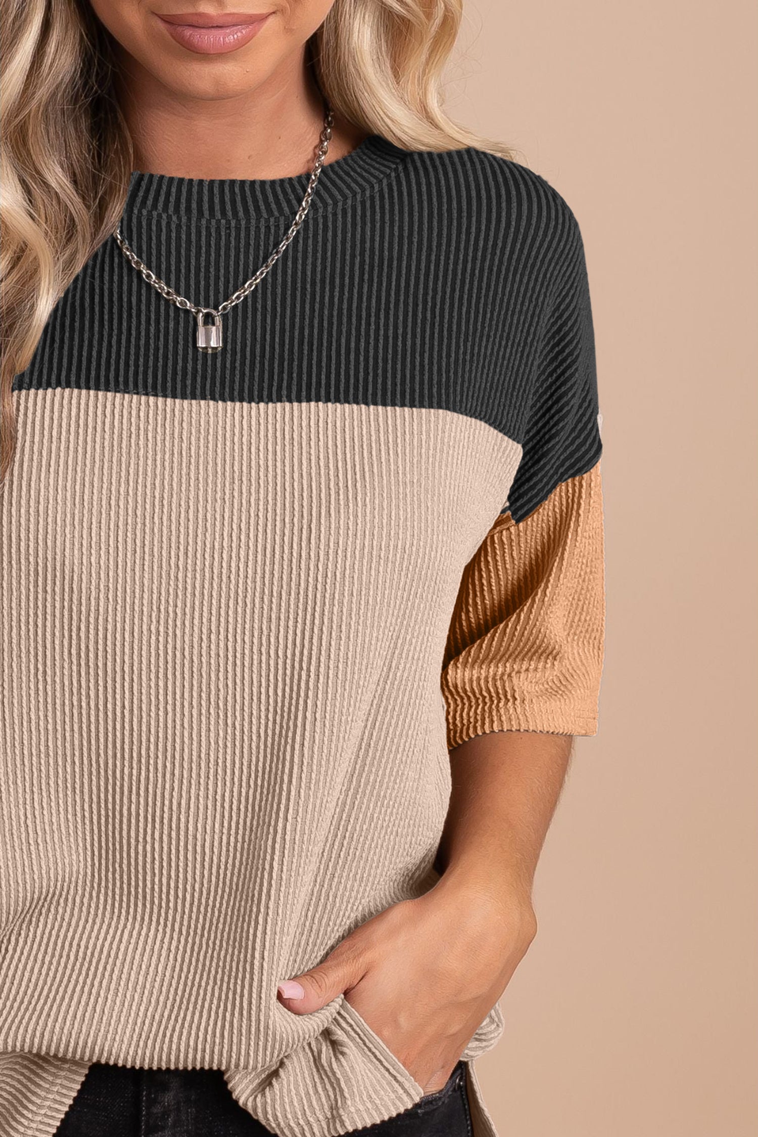 Black Color Block Ribbed Side Slits Half Sleeve Top