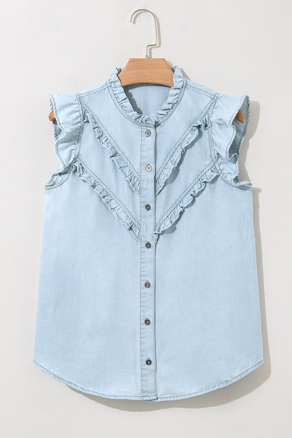 Beau Blue Mineral Wash Sleeveless Frill Button-Up Denim Shirt
