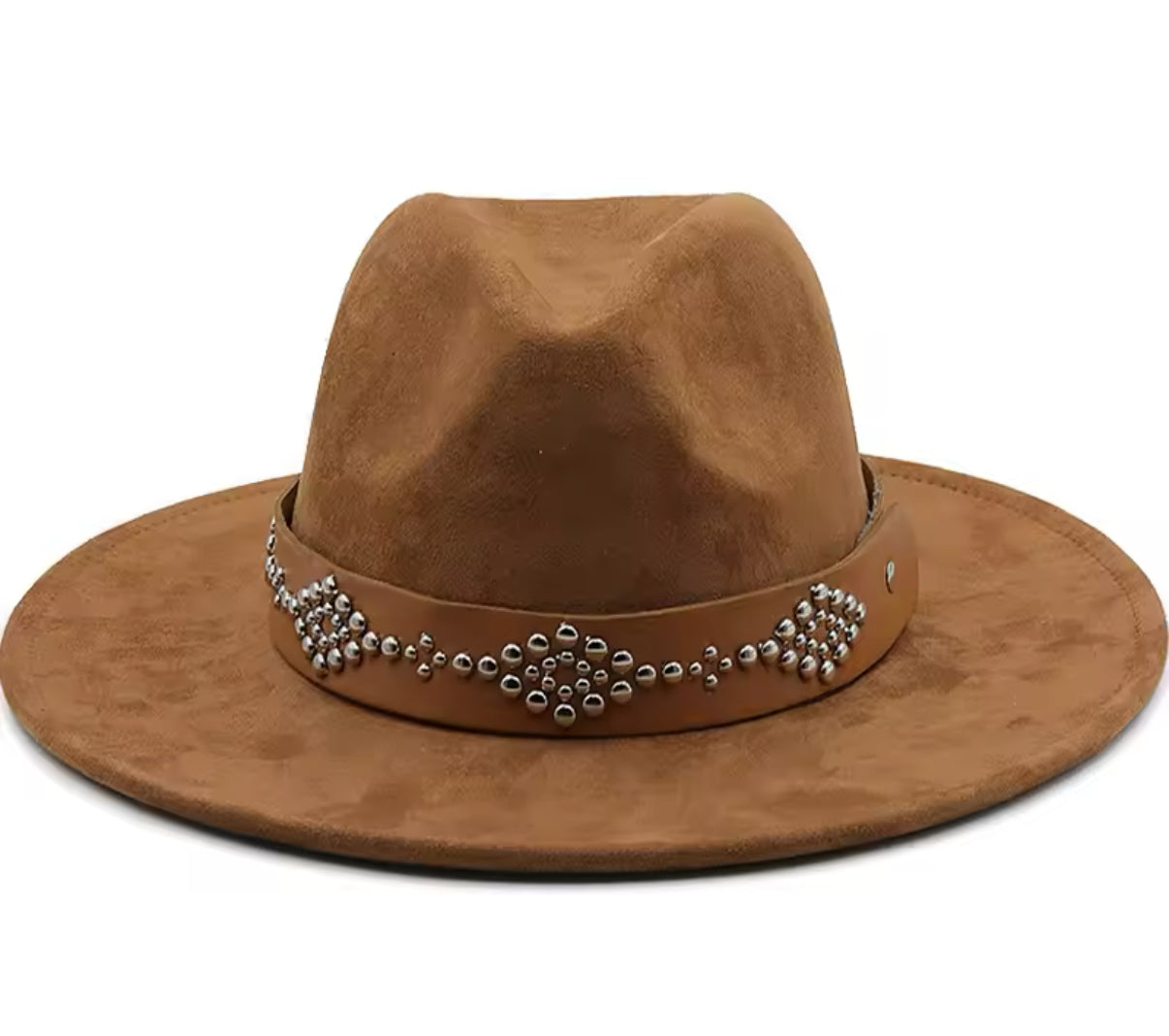 Suede Nailhead Fedora Hat with Decorative Bracelet and Elegant Design-0