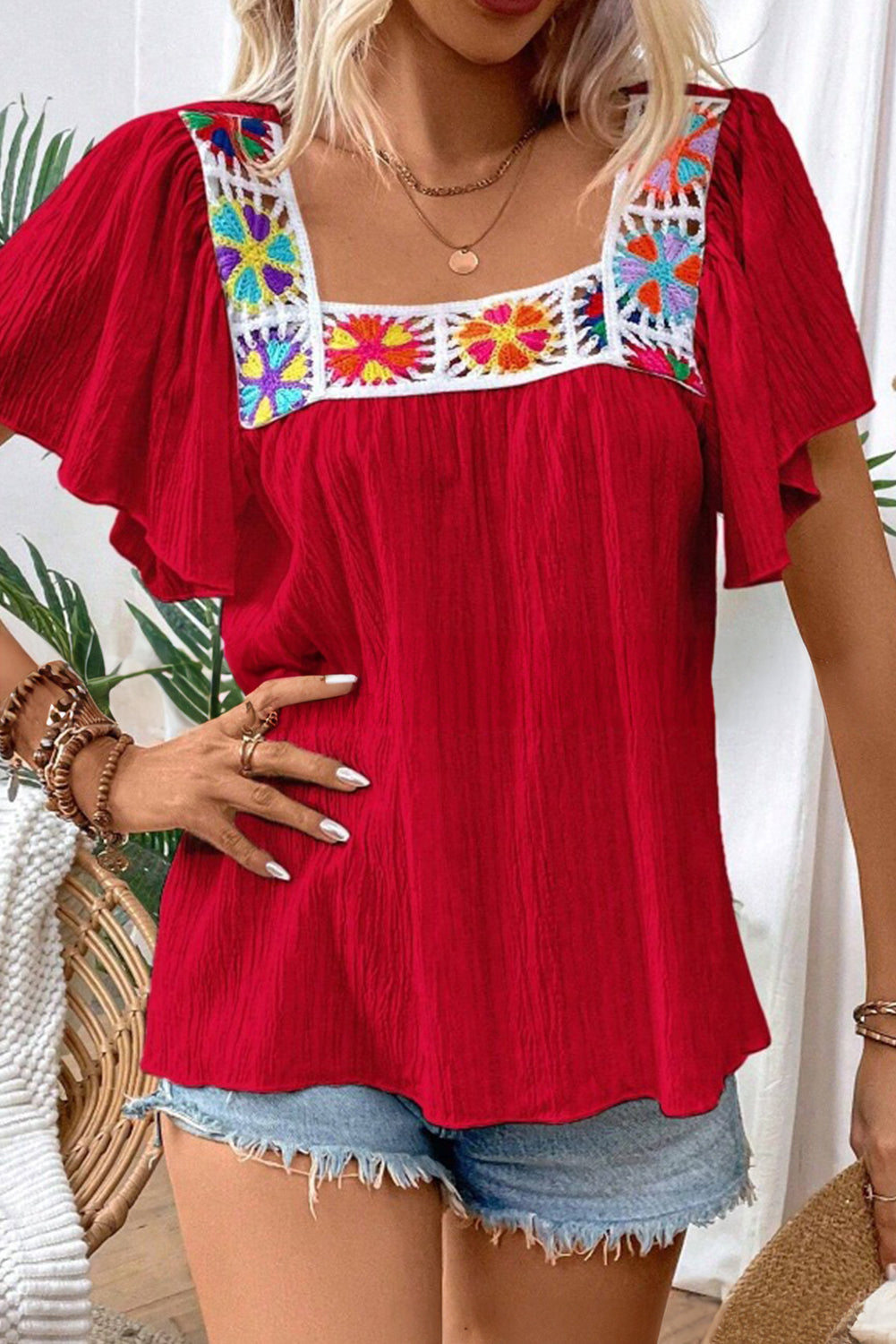 Racing Red Crochet Flower Square Neck Ruffle Sleeve Blouse