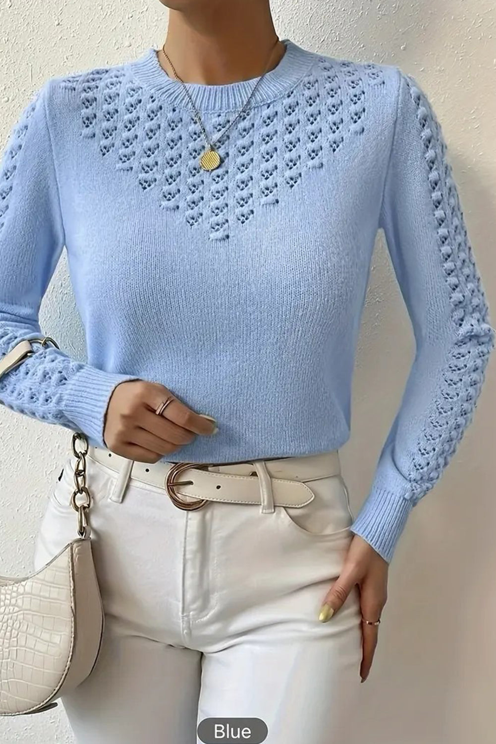 Sky Blue Hollow Out Round Neck Long Sleeve Sweater