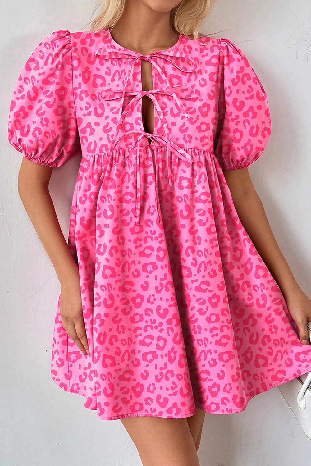 Rose Leopard Puff Sleeve Tie Front High Waist Mini Dress