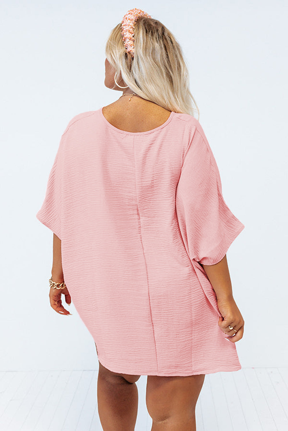 Pink Solid Color V Neck Textured Plus Size Blouse