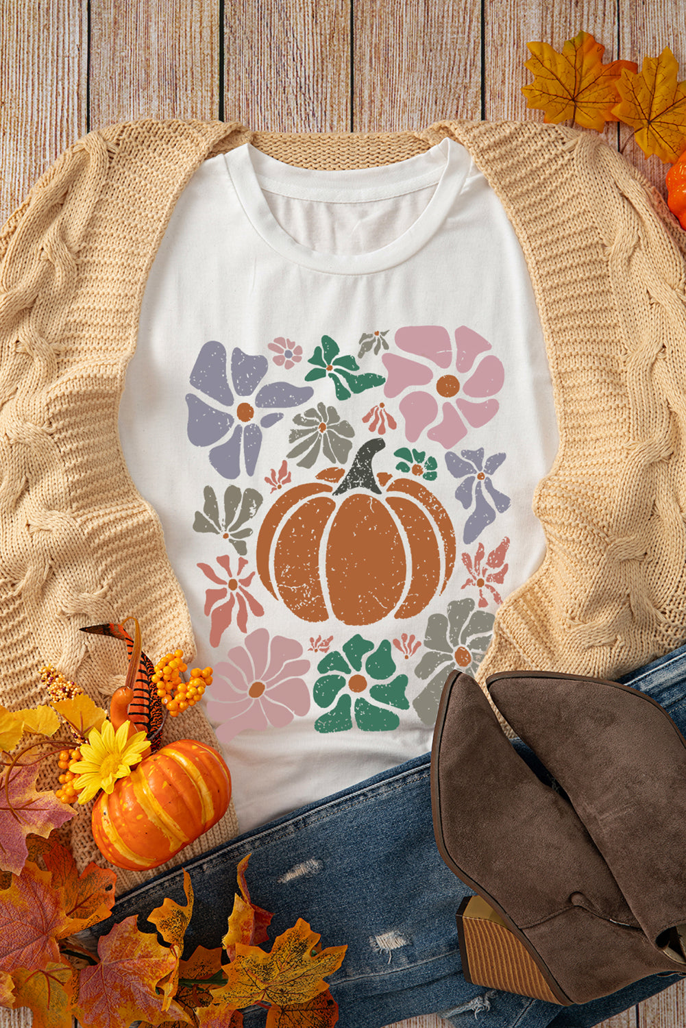 White Flower Pumpkin Distressed Graphic T Shirt