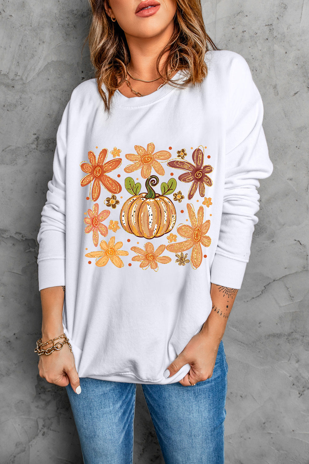 White Flower Pumpkin Printed Cotton Blend Sweatshirt