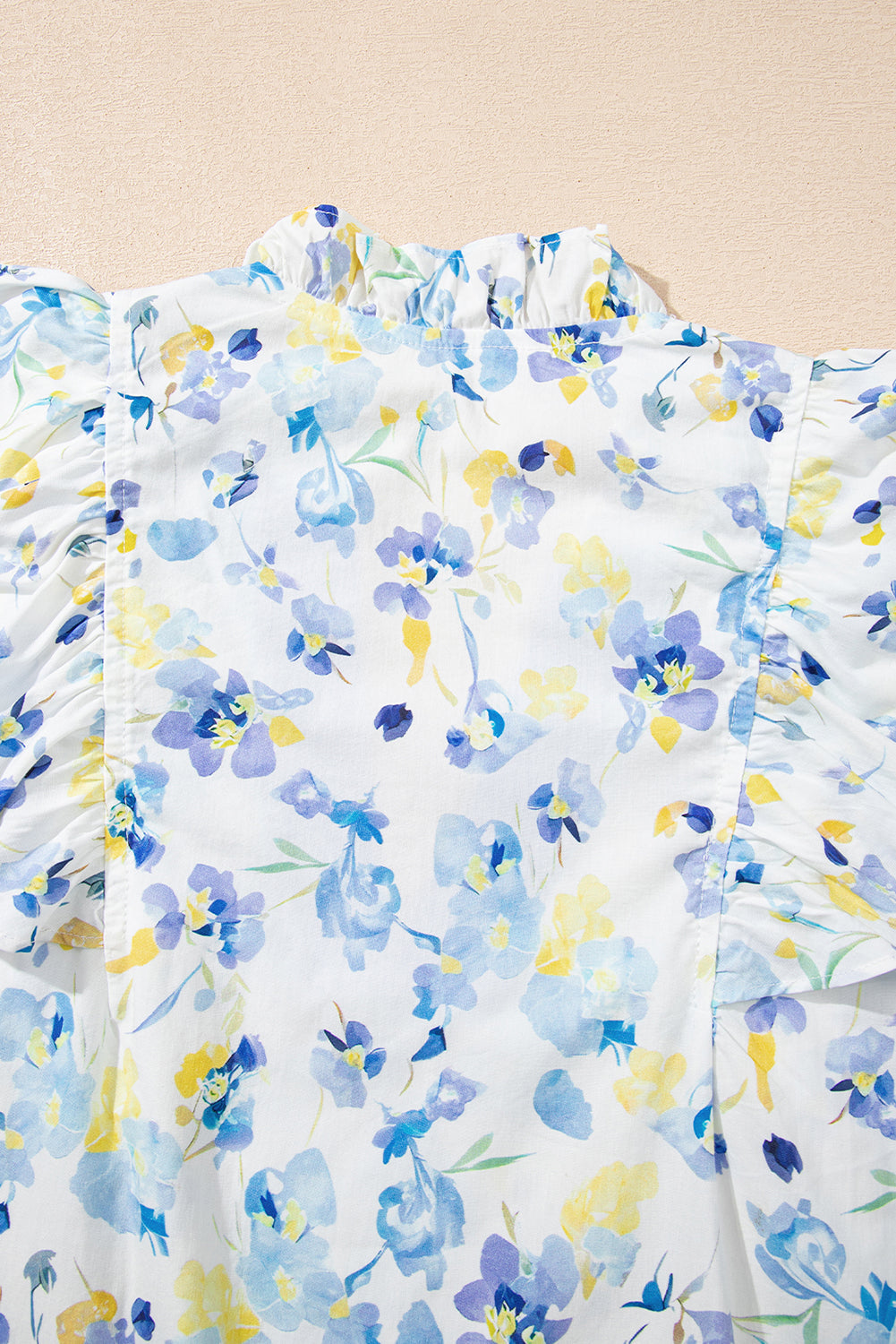 Sky Blue Floral Print Frilled Notch V Neck Ruffle Blouse