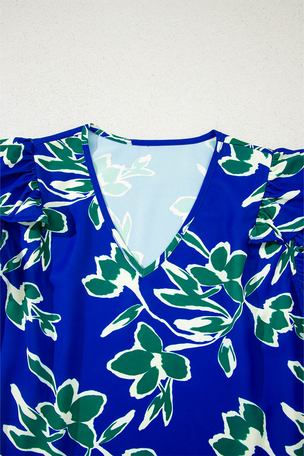 Blue V Neck Floral Print Ruffle Short Sleeve Blouse