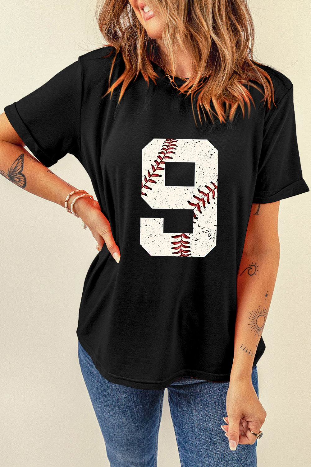 Black Game Day Number 9 Baseball Pattern Oversize Tee