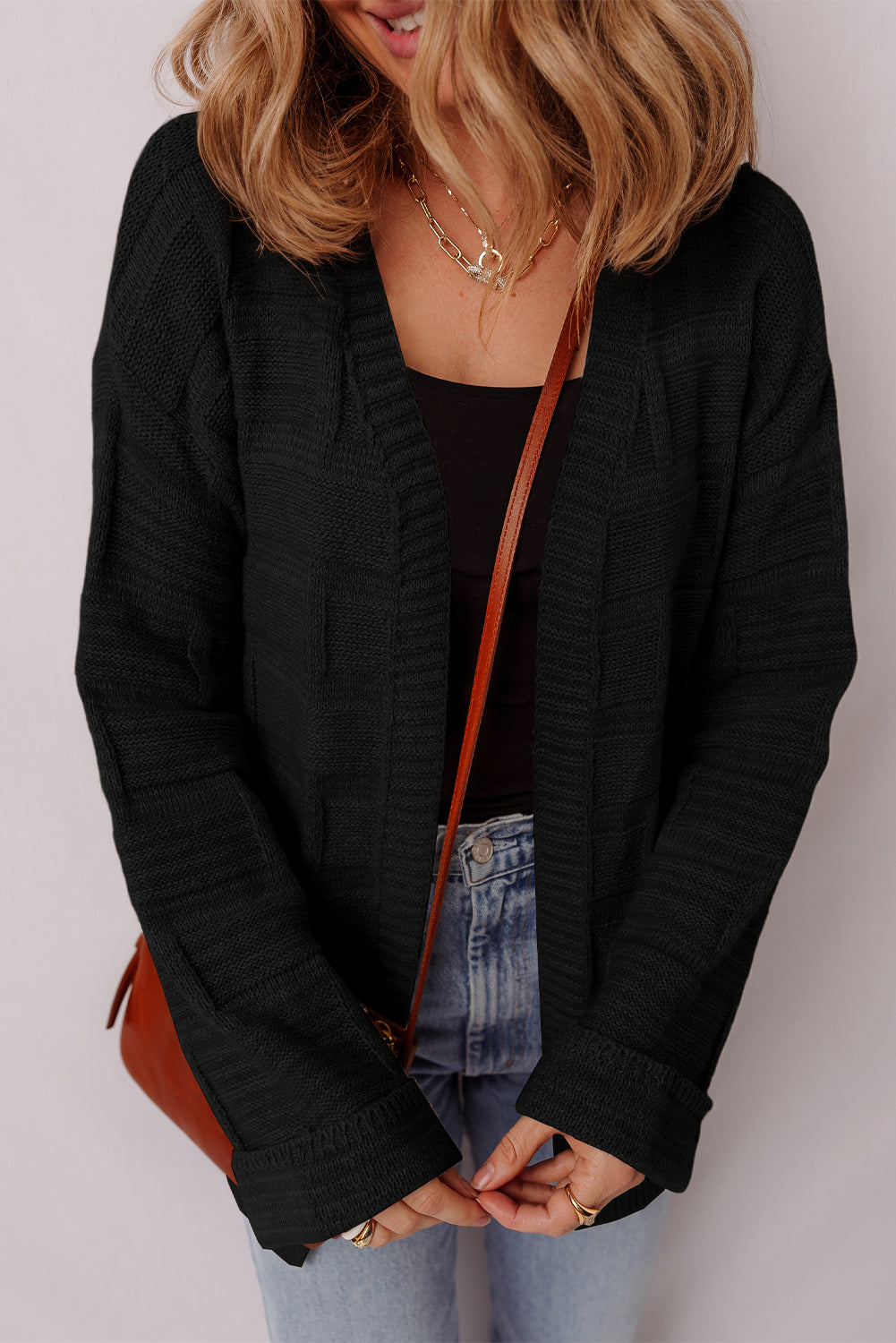 Black Solid Color Pocket Open Front Cardigan