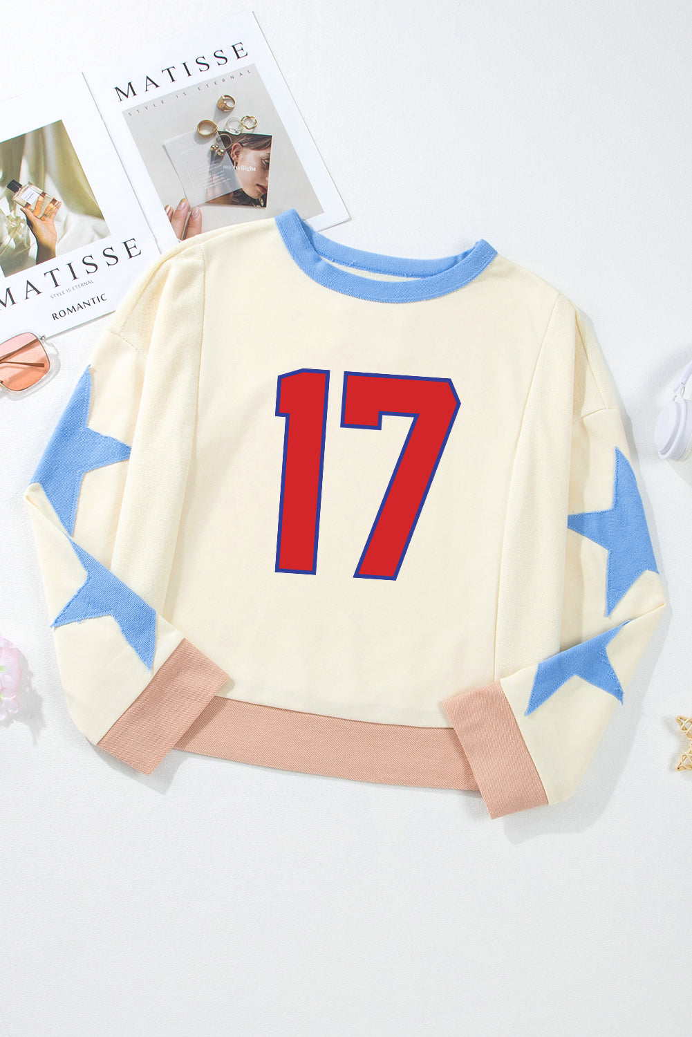 Beige Number 17 Printed Stars Patched Sleeve Cropped Sweatshirt