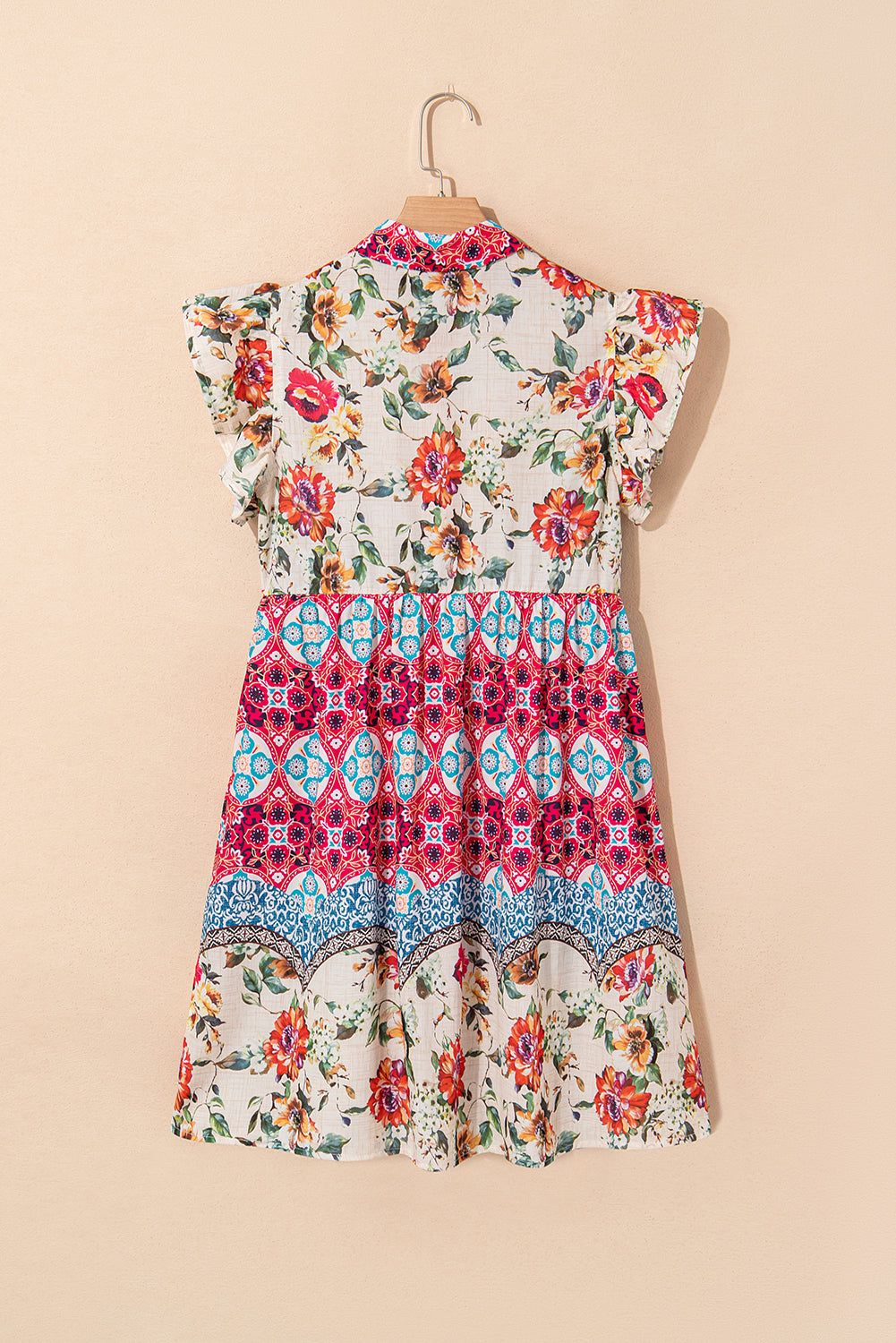 Rose Floral Ethnic Print Ruffle Mini Dress