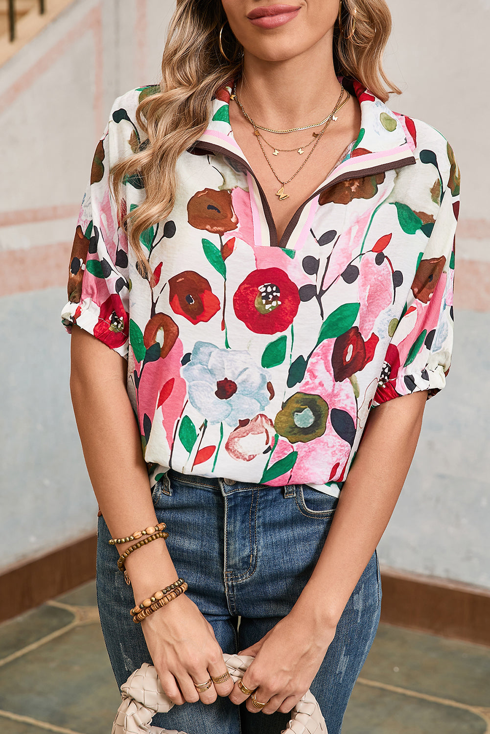 Pink Floral Print Boho Pop of Color Neckline Blouse