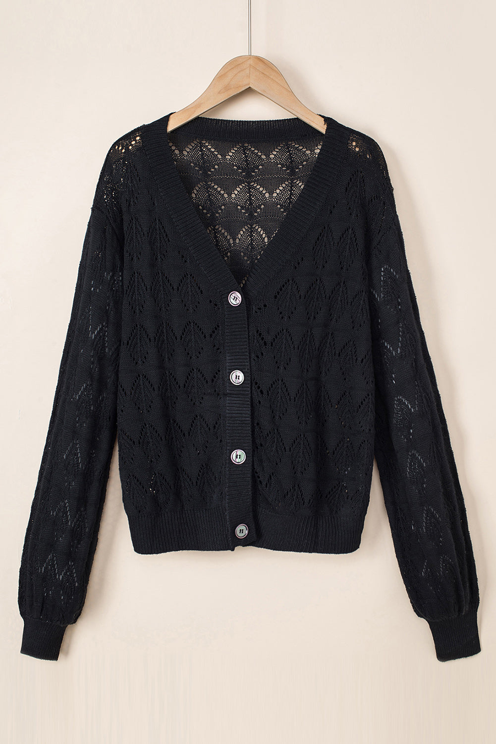 Black Lightweight Buttoned Front Crochet Cardigan