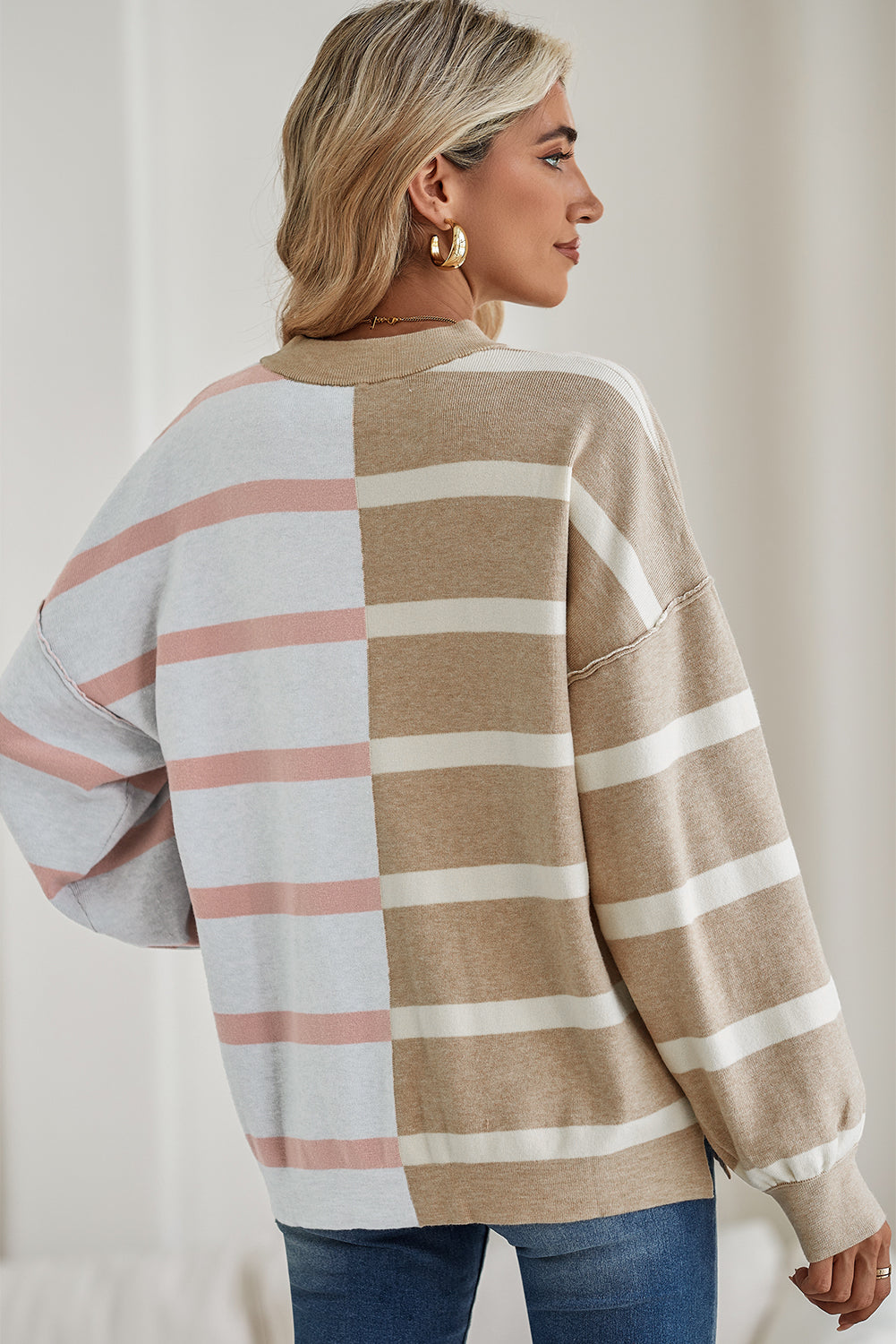 Khaki Stripe Exposed Seam Loose Sweater