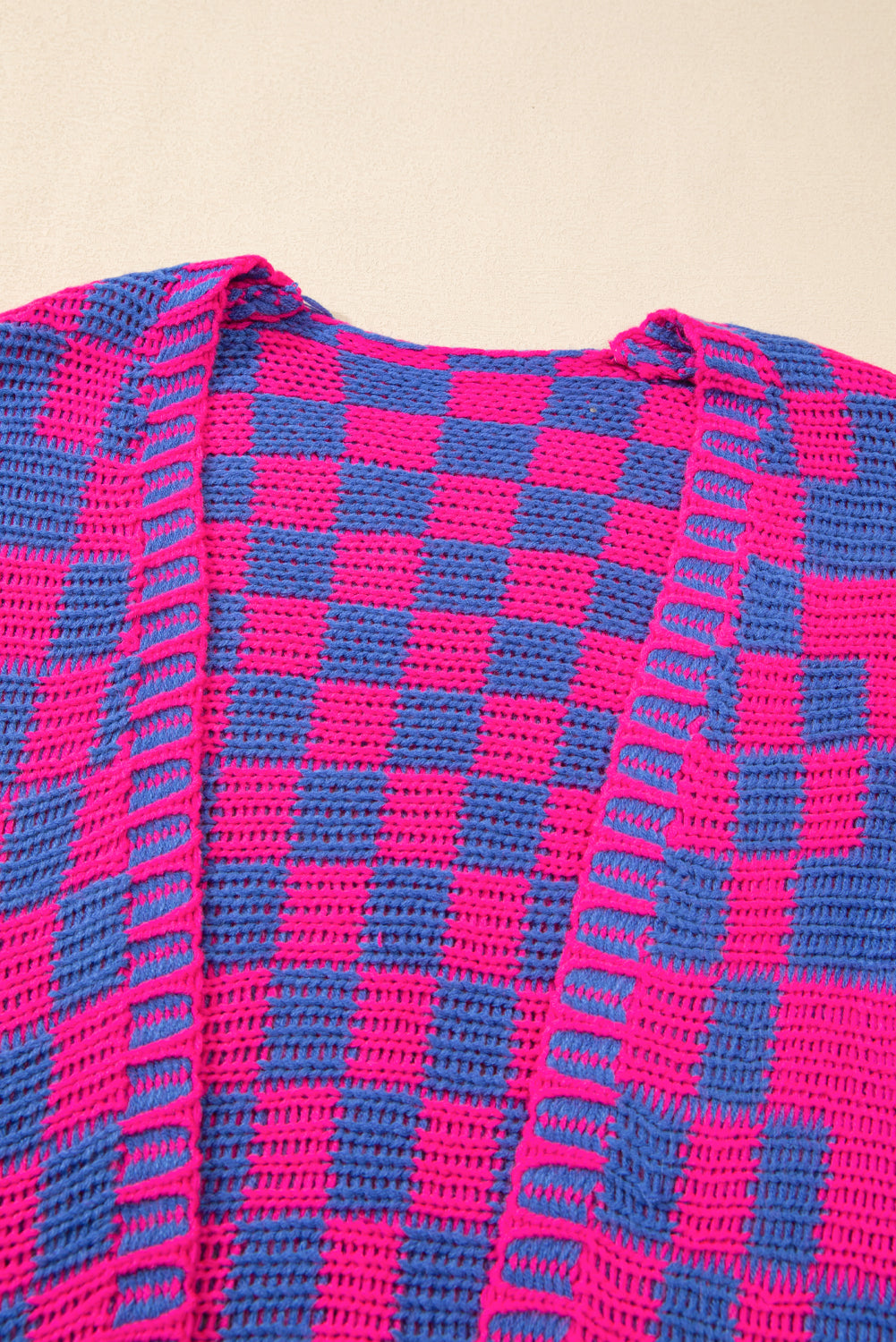 Rose Red Colorblock Checked Open Front Knitted Cardigan