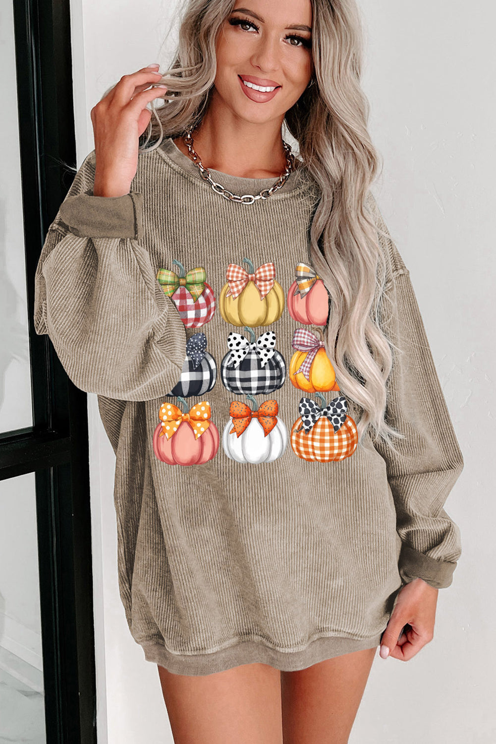 Khaki Trendy Textured Bow Pumpkin Graphic Baggy Sweatshirt