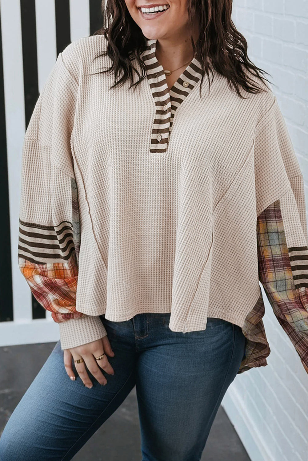 Parchment Plus Size Waffle Striped Plaid Patchwork Henley Pullover