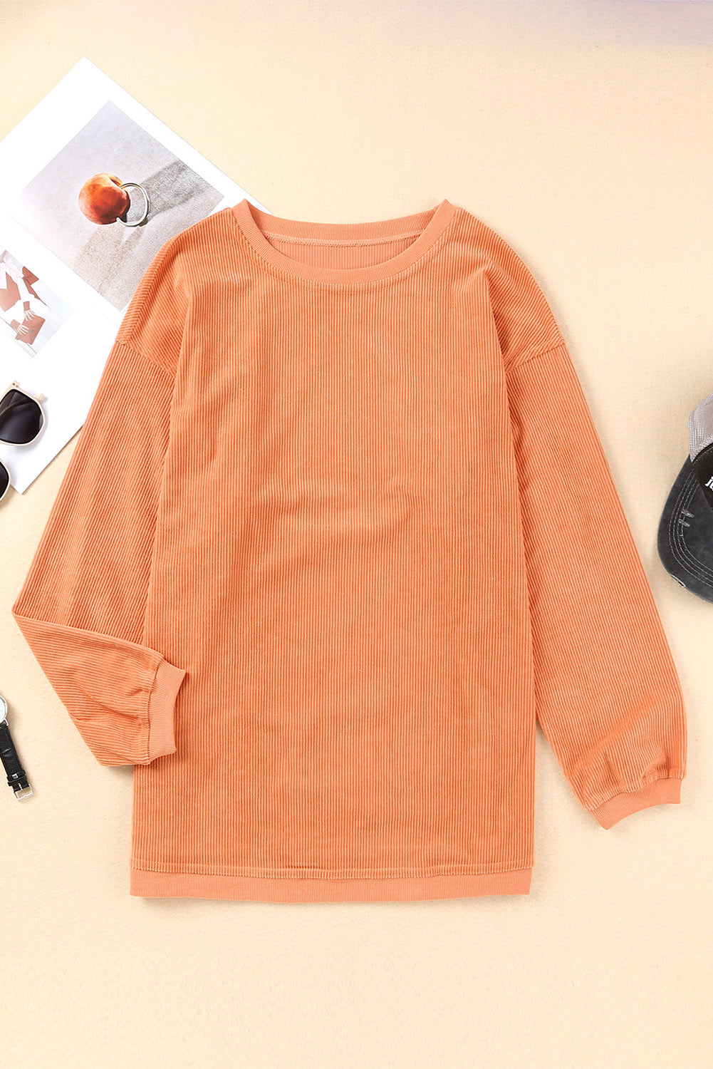 Orange Plain Drop Sleeve Crinkle Rib Oversized Sweatshirt