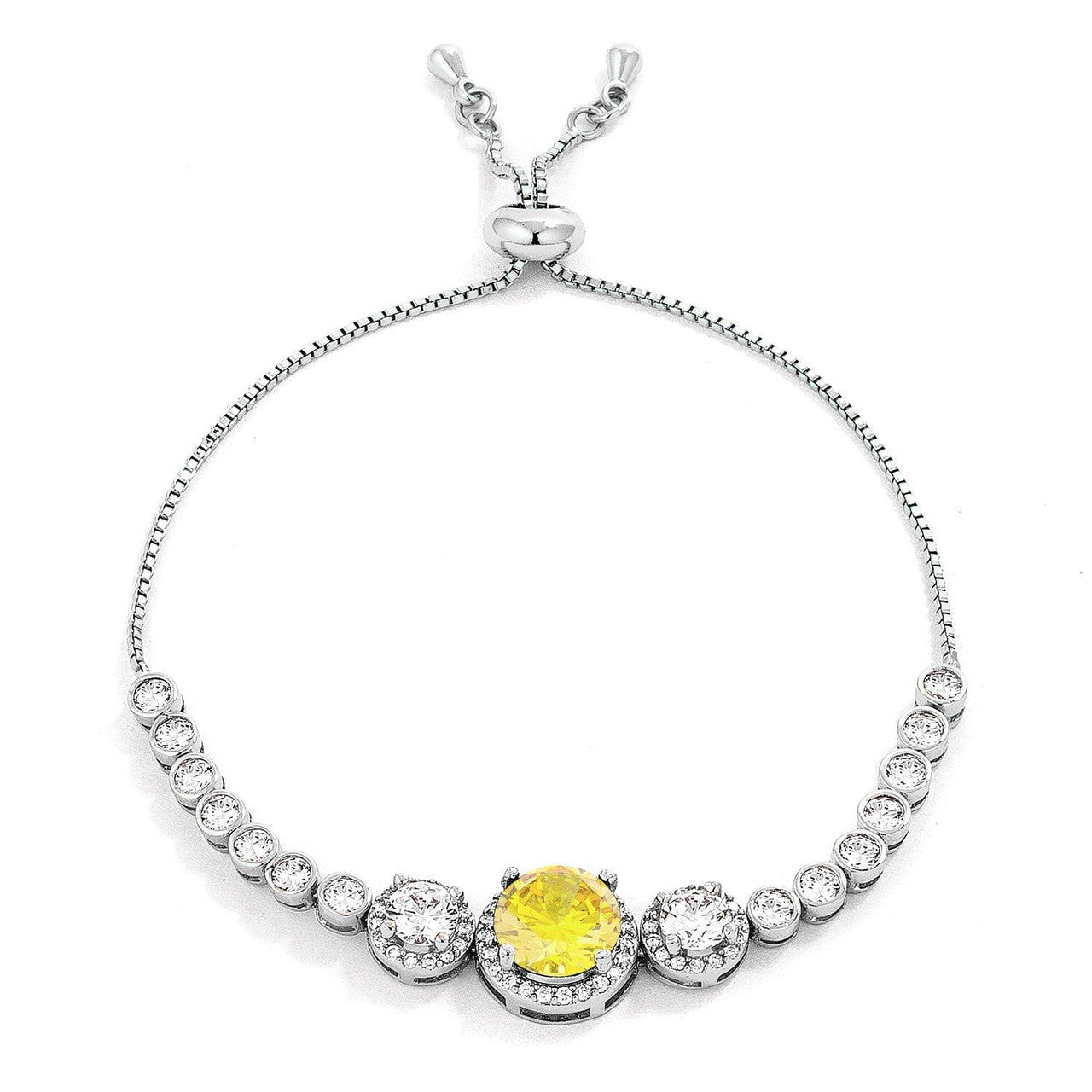 Adjustable Rhodium Plated Graduated Yellow CZ Bolo Style Tennis Bracelet-0