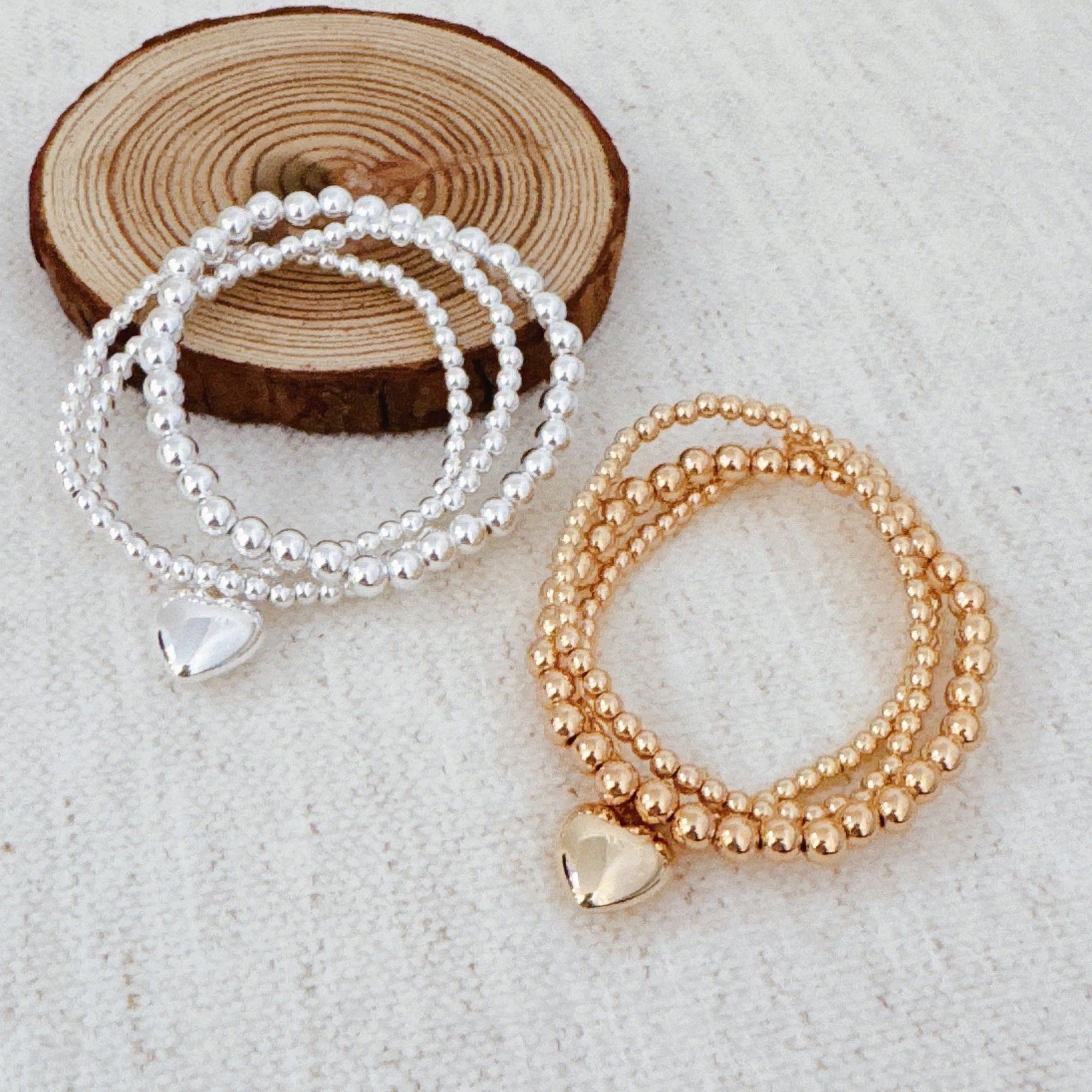 Ball Beads Golden Heart Stretch Bracelet Set Of 3-0