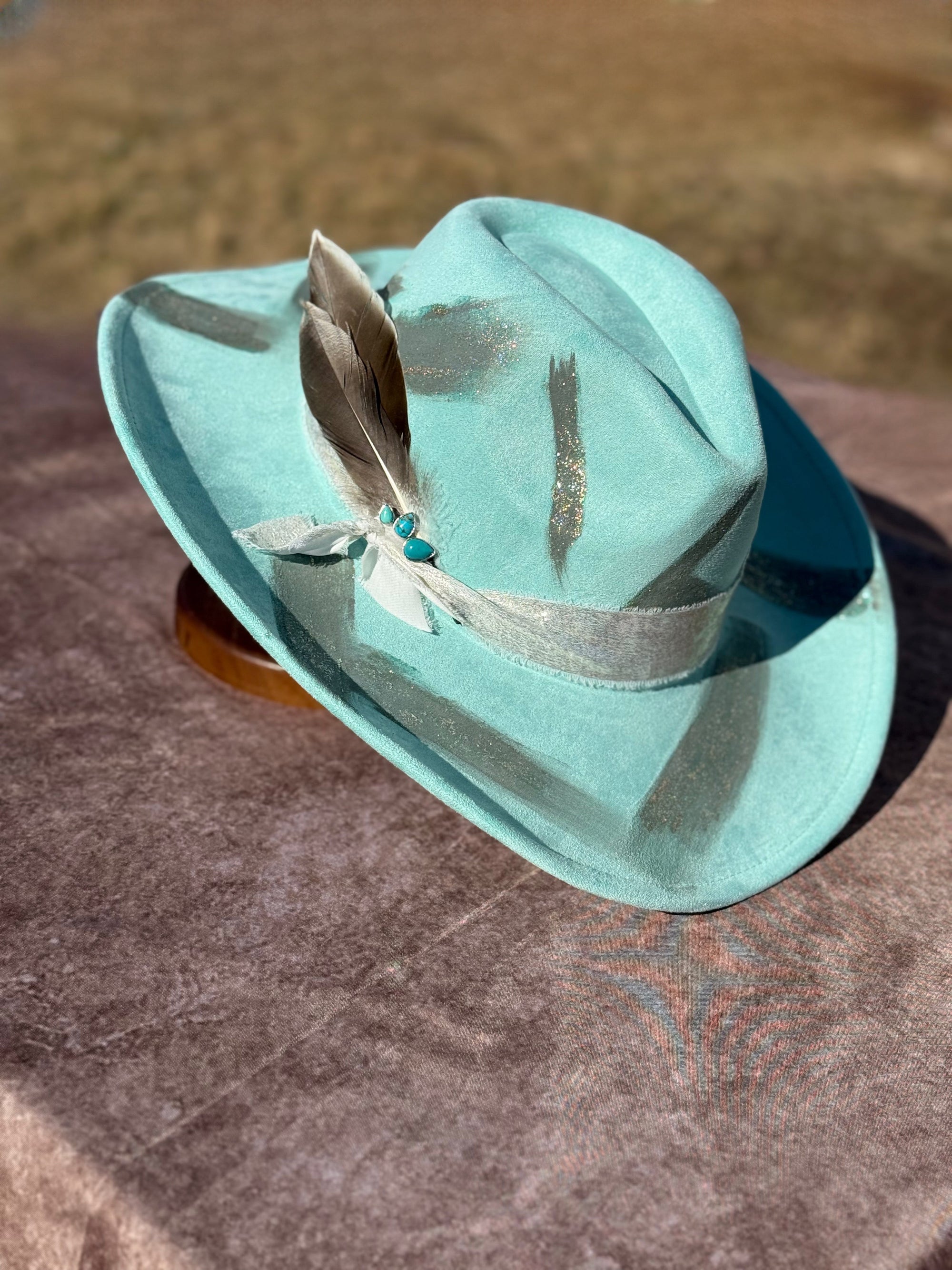 Western Twang Suede Cowboy Hat with Feather Accent and Blue Ribbon, Featuring Western Design Elements-0