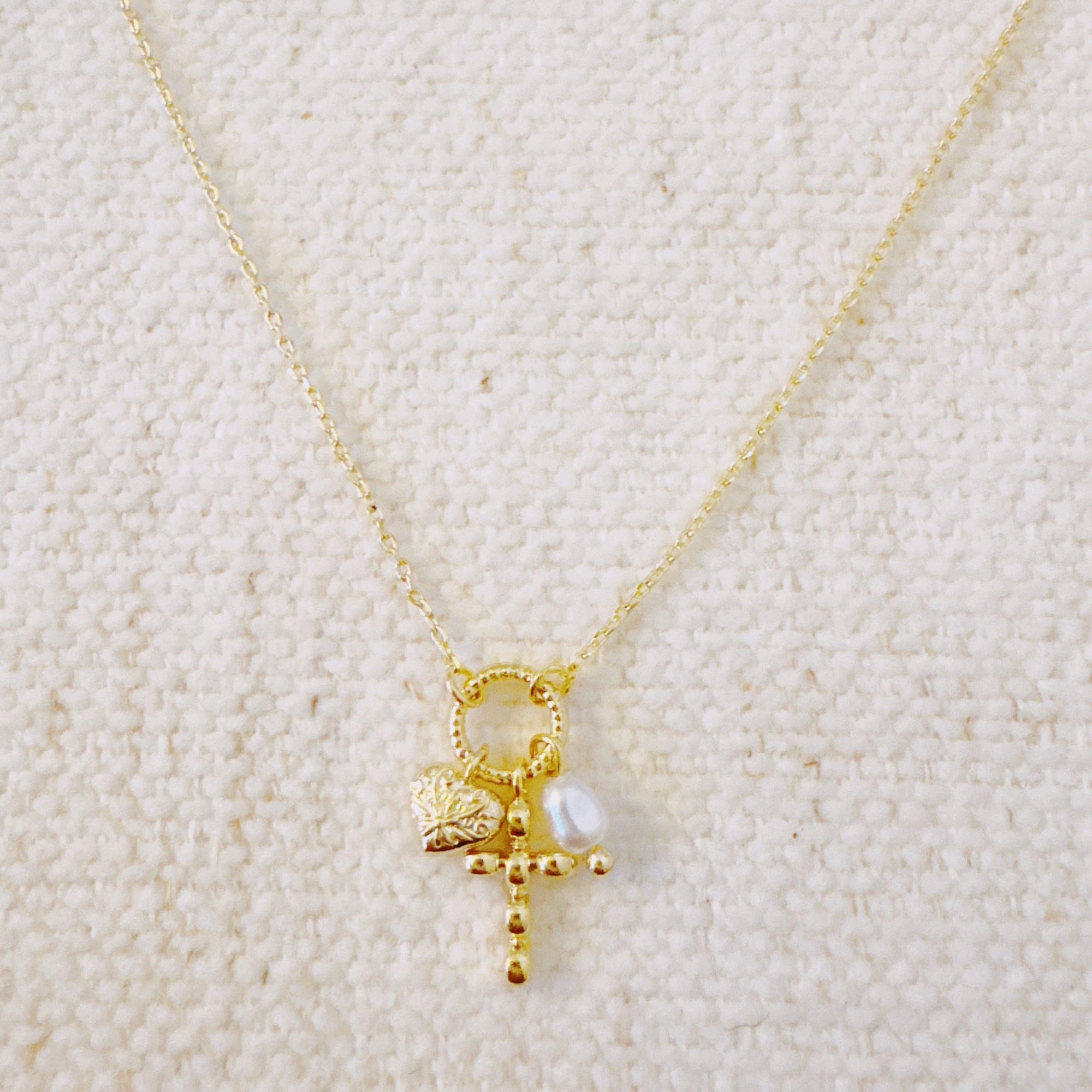 Faith & Love Charm Necklace – Gold-Tone Chain with Heart, Cross, and Pearl Charms-1