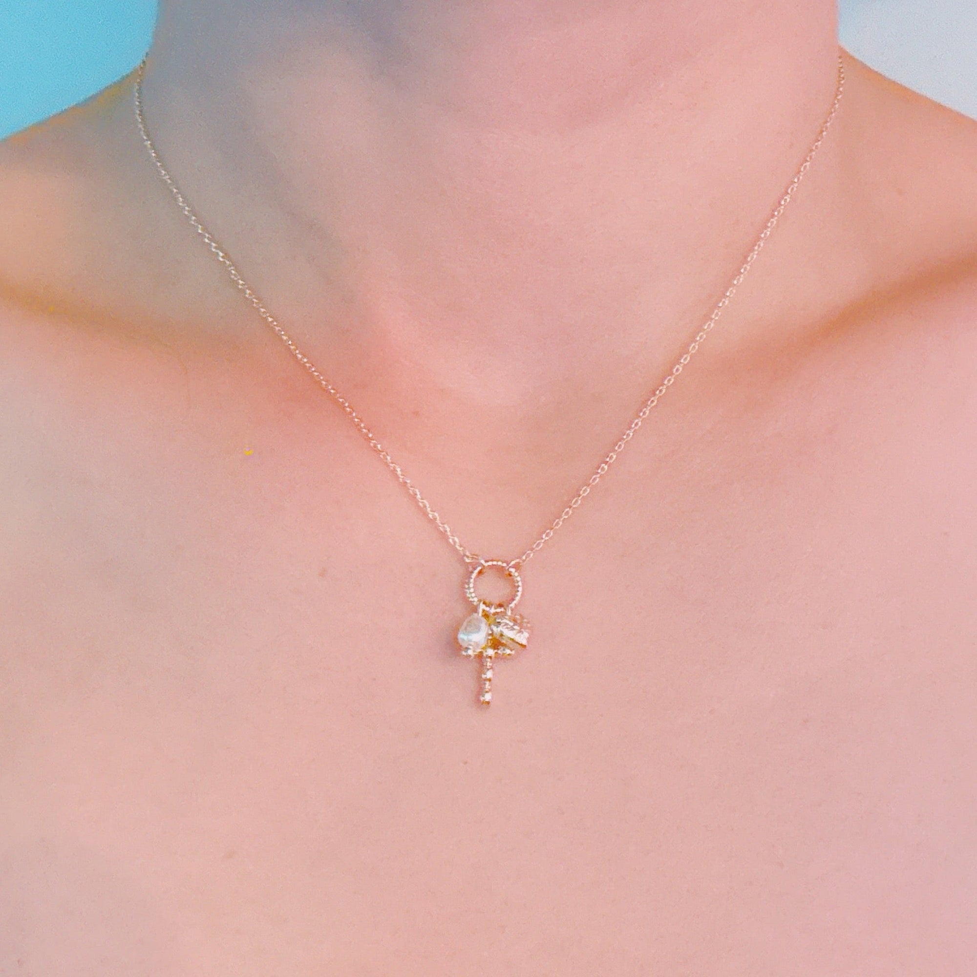 Faith & Love Charm Necklace – Gold-Tone Chain with Heart, Cross, and Pearl Charms-2