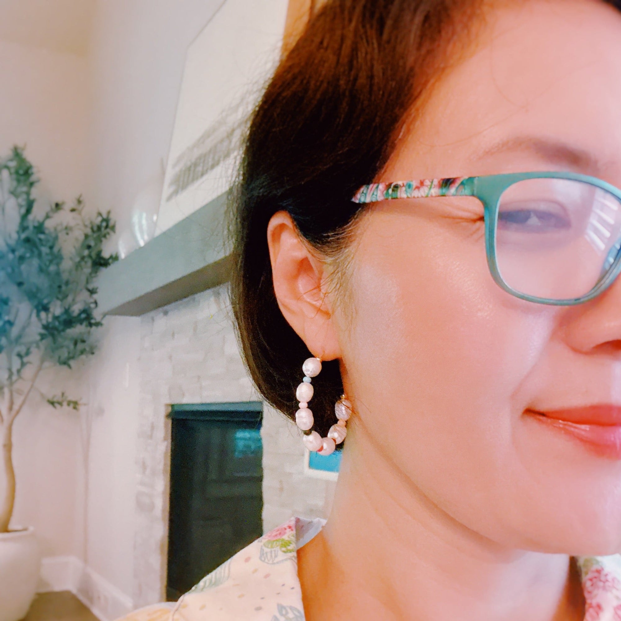 Freshwater Pearl Color Accent Hoop Earrings-3