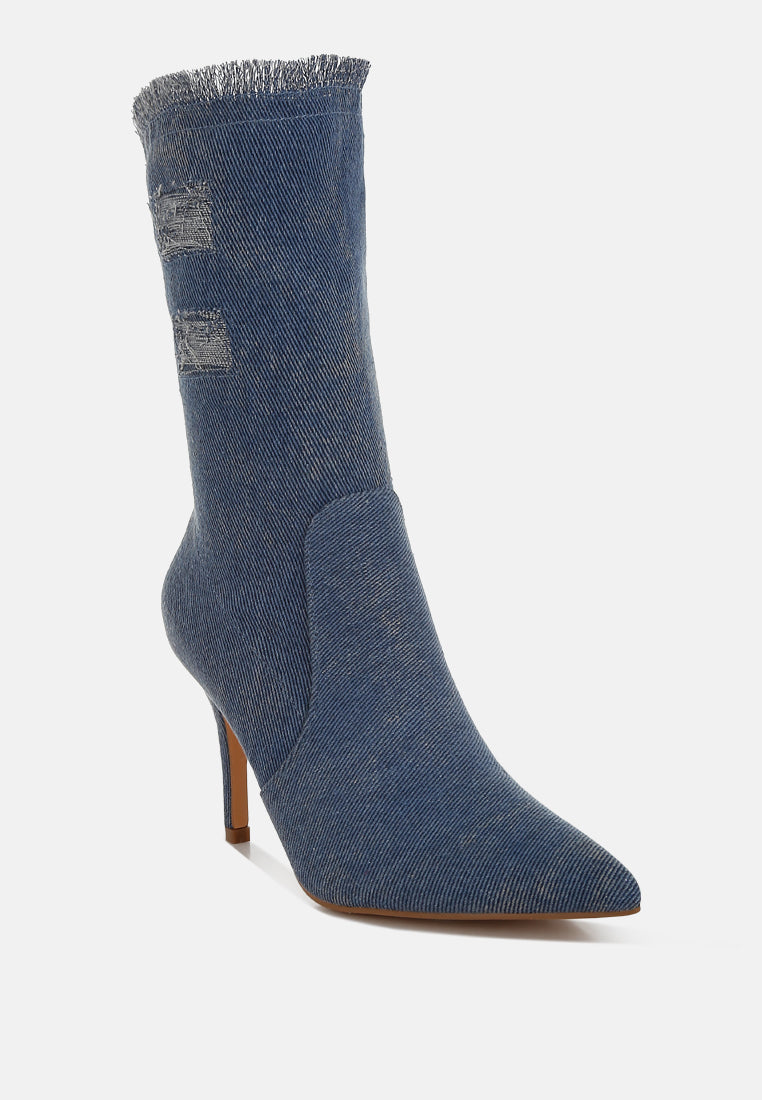 Himkok Distressed Denim Mid-Calf Boots-1