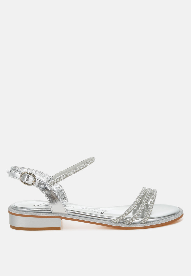 Nobbity Rhinestone Pearl Detail Flat Sandals-6
