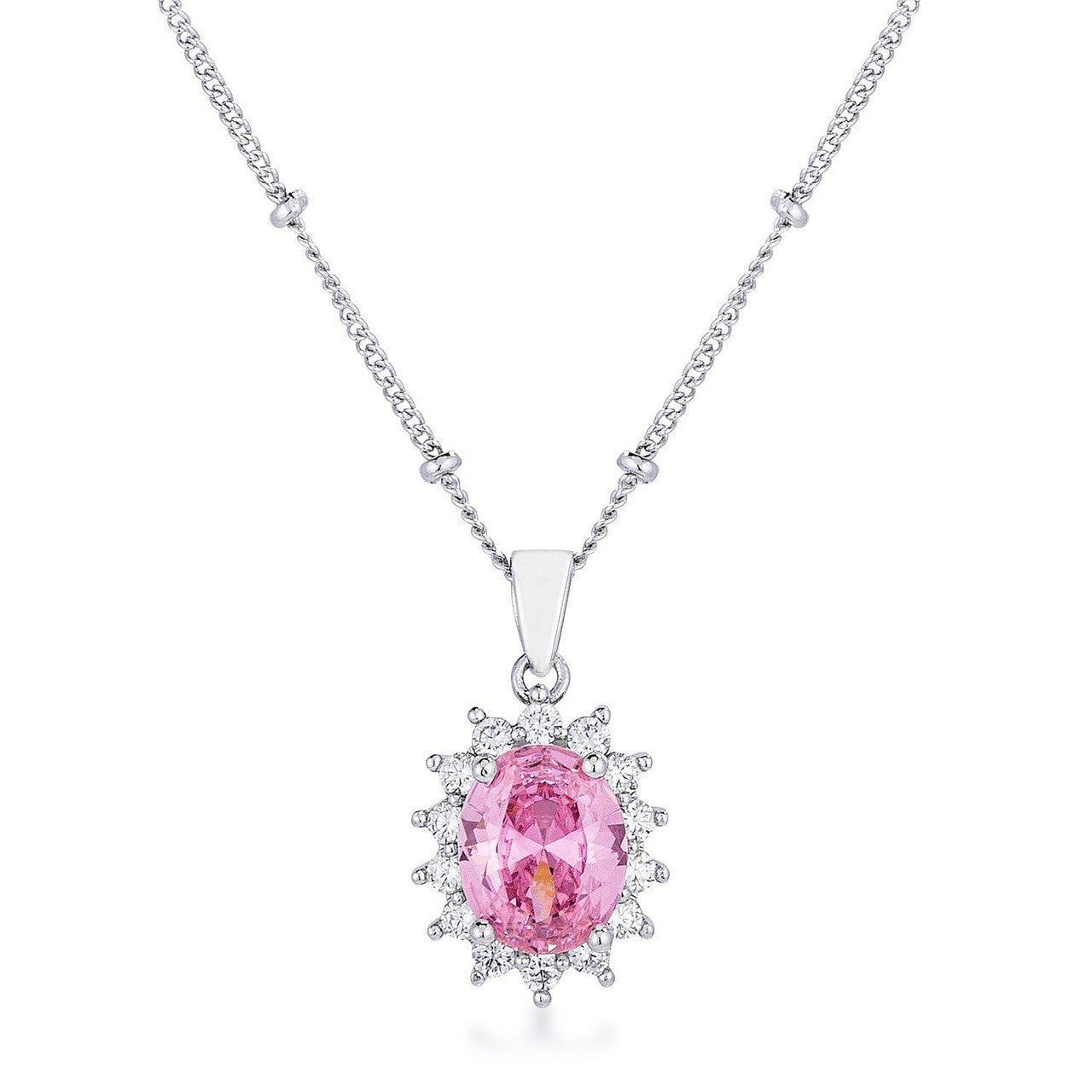 Rhodium Plated Pink Petite Royal Oval Pendant-0