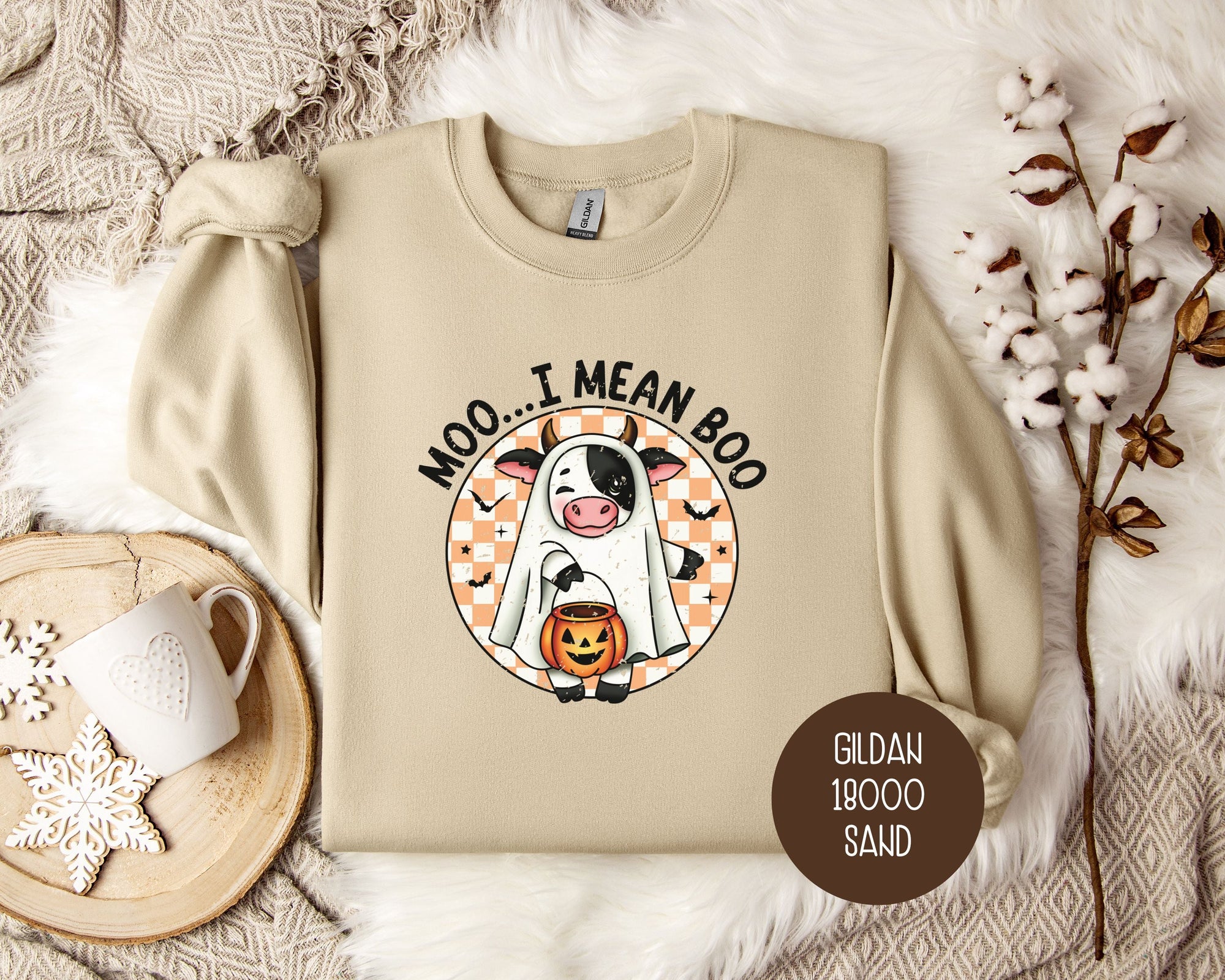 Moo I Mean Boo Retro Ghost Cow Halloween Sweatshirt-1