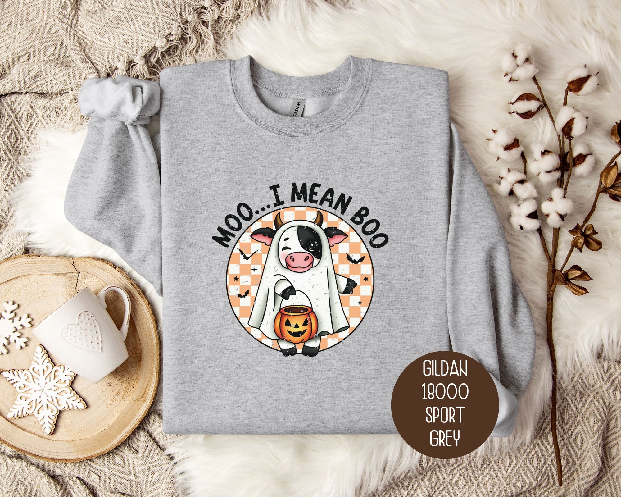 Moo I Mean Boo Retro Ghost Cow Halloween Sweatshirt-2