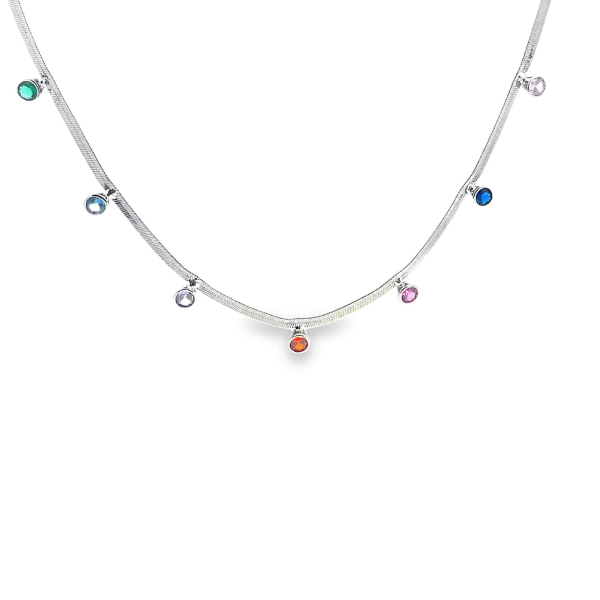 Multicolor CZ Stone 3mm Herringbone Necklace (H243)-1