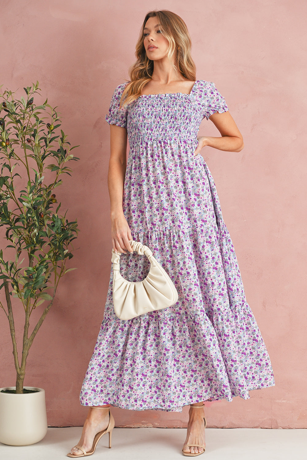 Purple Floral Short Bubble Sleeve Smocked High Waist Maxi Dress