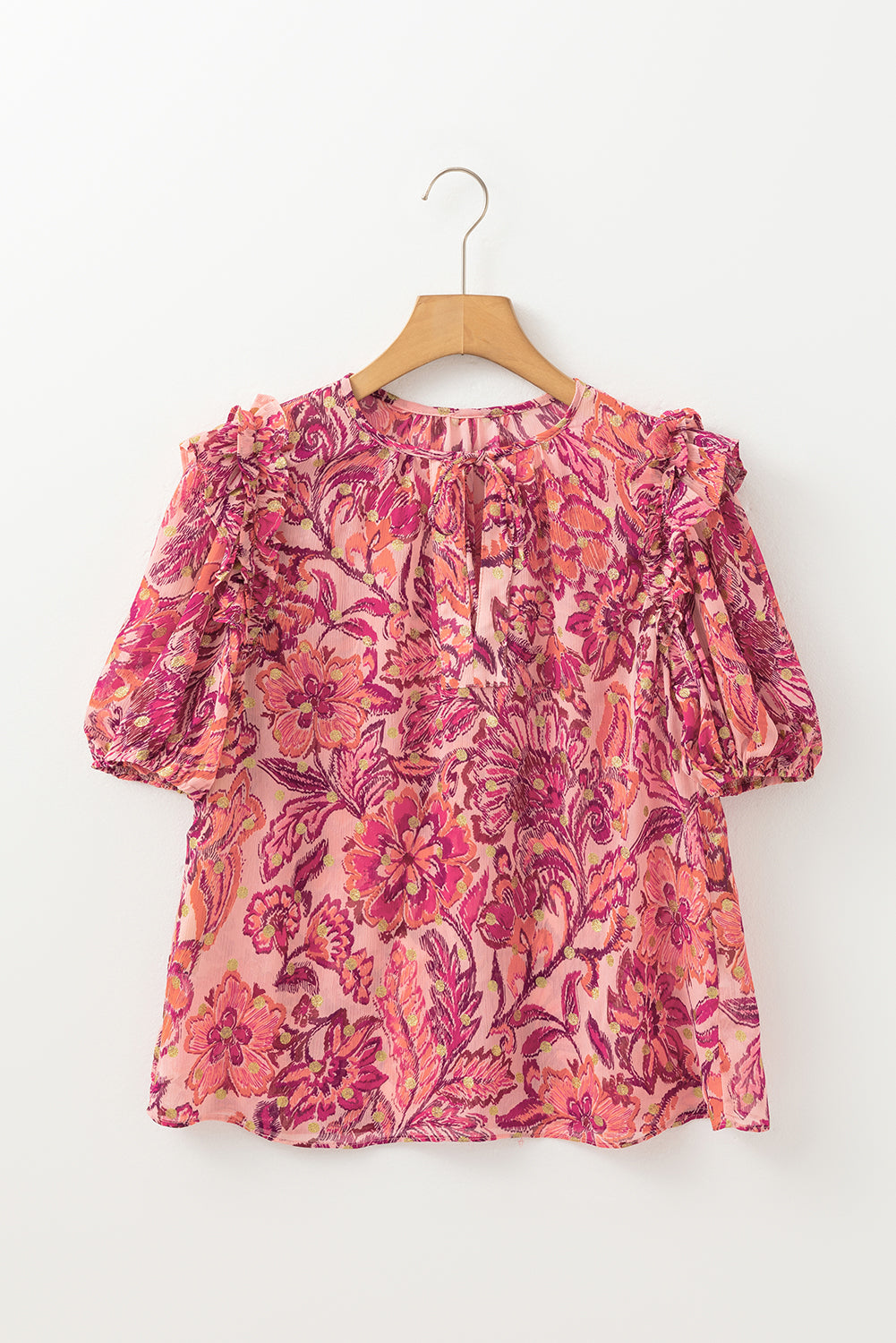 Red Floral Print Ruffle Puff Short Sleeve Blouse