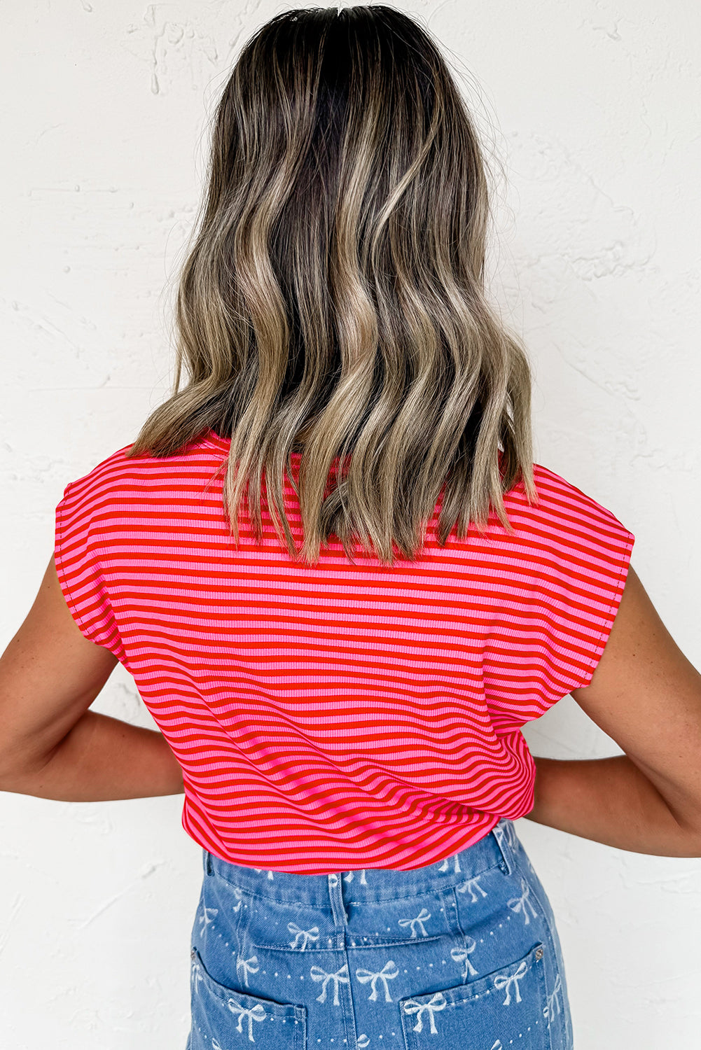 Red Stripe Ribbed Cap Sleeve Round Neck T Shirt