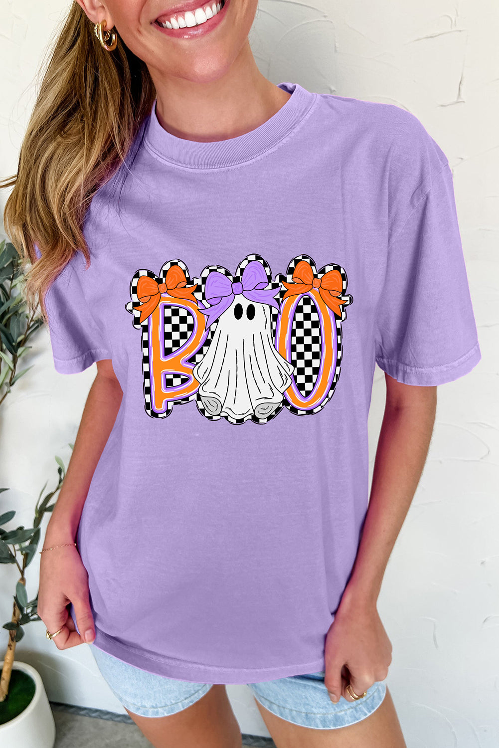 Wisteria Boo Checkered Ghost Crewneck Graphic Tee