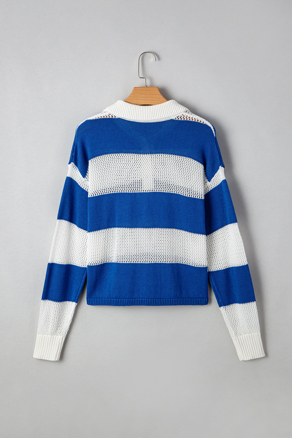 Blue Stripe Colorblock Polo Collar Eyelet Crochet Knit Sweater